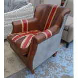 ARMCHAIR, in brown leather, Union flag design on an aluminium aviation clad frame, 68cm W.