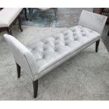 WINDOW SEAT, in grey shimmering velvet buttoned seat on square supports, 143cm L.