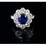 VIVID BLUE CEYLON SAPPHIRE AND DIAMOND CLUSTER RING cushion cut Ceylon sapphire, 3.