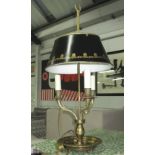 BOUILLOUTE LAMP, brass, with three sconces and black metal shades.