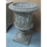 GRECIAN STYLE URNS, a pair, in reconstituted stone, 90cm H.