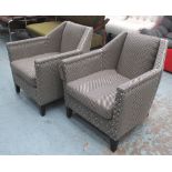 CLUB CHAIRS, in herringbone fabric with chrome studs, 65cm W.