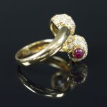 RUBY AND DIAMOND BALL RING pave set diamonds terminated with rubies, laid in 18K yellow gold,