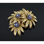 SAPPHIRE, DIAMOND AND 18K GOLD FOLIATE BROOCH,