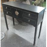 CONSOLE TABLE, Chinese style in black with four drawers and cupboard on square supports,