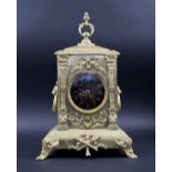 BRASS MANTEL CLOCK, late 19th century with black dial, French bell striking movement, 43cm H.