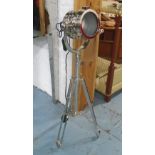 TABLE SPOTLIGHT, in chromed metal on chromed metal tripod supports, 87cm H.