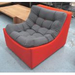 ORANGE CHAIR, of cube form with a buttoned seat in contrasting grey upholstery,