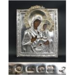 RUSSIAN ICON, with hallmarked silver oklad and halo, depicting mother of God and child Christ,