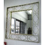 MIRROR, bevelled in ornate metal frame, 90cm x 90cm.