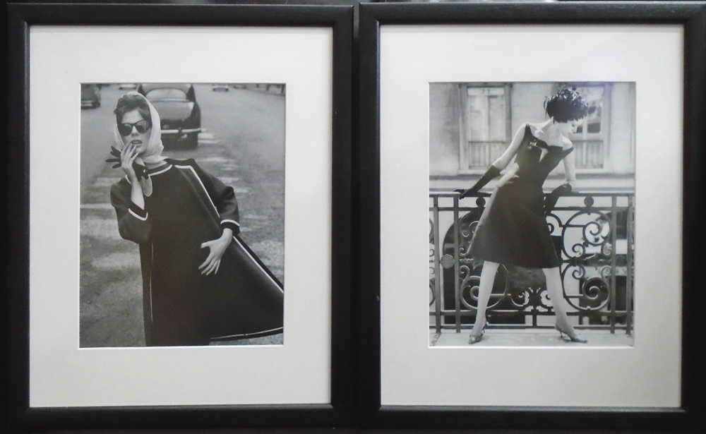 VINTAGE PHOTOSHOOT, black and white prints, two sets of four, 25cm x 19.5cm and 20cm x 19cm, framed.