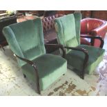 OPEN ARMCHAIRS, a pair, 1950's Italian in green velvet upholstery, 70cm W.