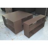 CENTRAL LOW UNIT, in brown leather, 98cm W x 98cm D x 59cm H, with a small bookshelf to match,