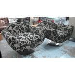 SWIVEL CHAIRS, a pair, grey and black patterned upholstery with chromed swivel bases,