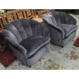 ARMCHAIRS, a pair, 1950's with scaloped backs in blue velvet upholstery, 90cm.