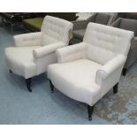 CLUB CHAIRS, a pair, button back, in oatmeal fabric on front castors, 70cm W.