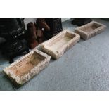 GARDEN TROUGHS, a set of three, in reconstituted stone rural finish, 52cm x 32cm x 14cm H.