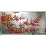 LACQUER WALL PANELS, a set of four, Oriental cherry tree with finches, 200cm L x 100cm H.