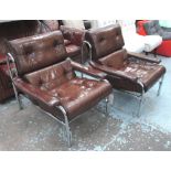 EASY ARMCHAIRS, a pair, tan brown leather cushions and tubular chrome frames by Pieff, 86cm W.