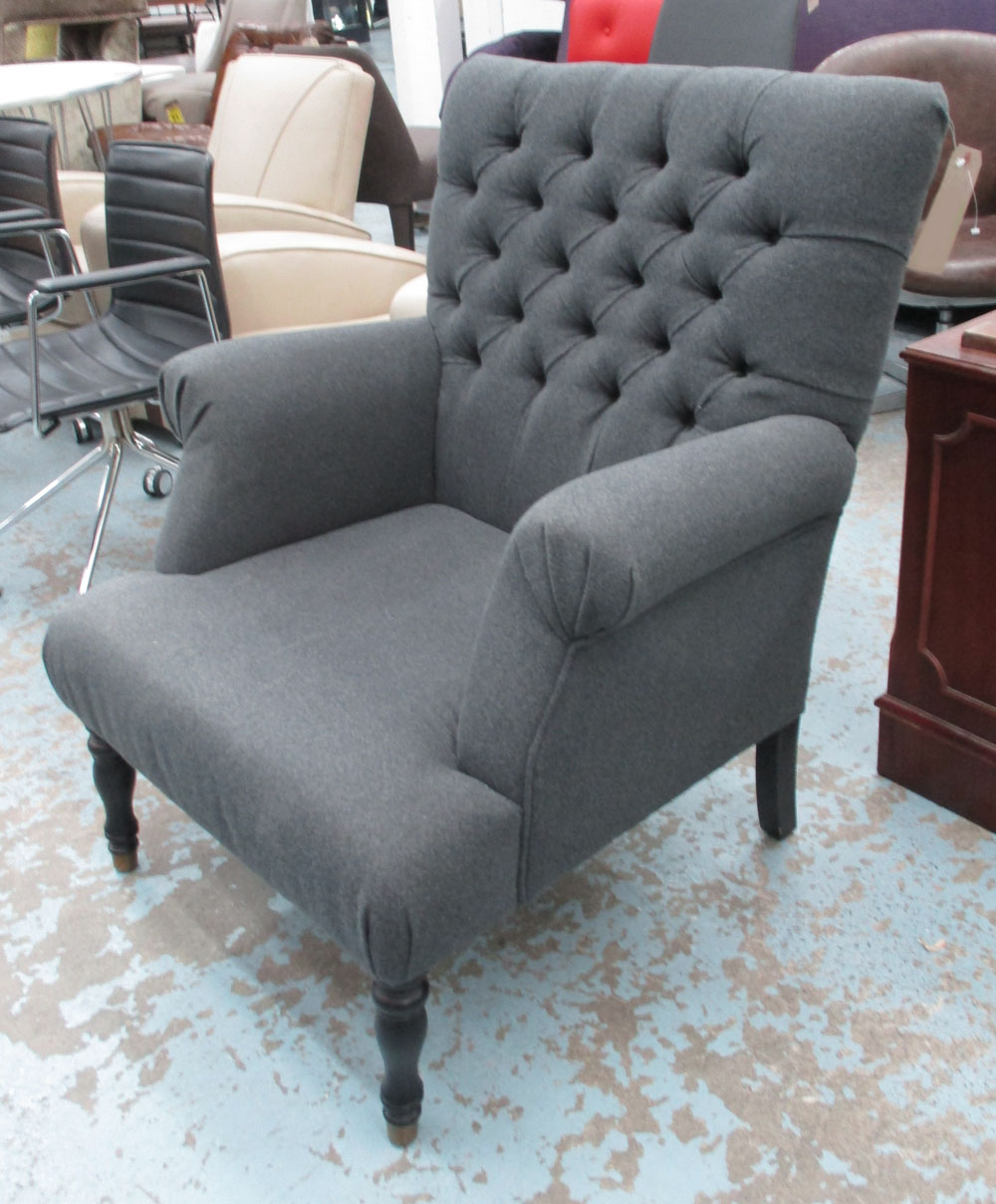 ARMCHAIR, upholstered in buttoned felt in a payes grey,