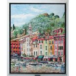 PORTOFINO, mixed media on panel, by Ken Davis, framed and signed, 189cm H x 113cm W.