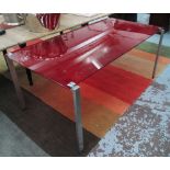 DINING TABLE, with red glass top on chromed metal supports by Zer Italia, 178cm x 87cm x 74cm H.