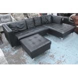 CORNER SOFA, in black leather on chromed metal supports, 263cm x 165cm plus matching footstool,