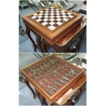 CHESS SET, the marble board in a wooden box frame with metal pieces, 51cm x 51cm x 90cm H.