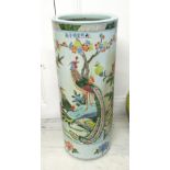 UMBRELLA/STICK STAND, 21st century Chinese ceramic decorated birds of paradise, 25cm diam x 62cm H.