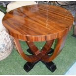 LAMP TABLE, Art Deco style round top on open supports in Macassar style veneered finish,