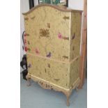 COCKTAIL CABINET, revival style with butterfly motifs on a beige ground fitted interior,