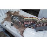 INDIAN HEADDRESS, plus a painting of Indian on an animal skin.