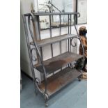 BAKERS RACK, galvanised metal of four hinged tiers on scroll supports, 20cm H x 151cm x 44cm.
