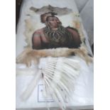 INDIAN HEADDRESS, plus an Indian painting on animal skin.