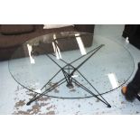 OCCASIONAL TABLE, with circular glass top on pylon supports, 140cm diam x 54cm H.