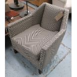 BUTTONED TUB CHAIRS, a pair, small in herringbone fabric with chrome studs, 64cm x 74cm H x 72cm.