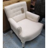 BUTTON BACK CLUB CHAIRS, a pair, in oatmeal fabric with front castors, 67cm x 81cm H x 69cm.