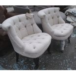 BUTTON BACK BEDROOM CHAIRS, a pair, in oatmeal fabric on front castors, 50cm x 61cm x 74cm H.