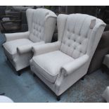 BUTTONED WING BACK CHAIRS, a pair, in oatmeal fabric, 74cm x 102cm H x 82cm.