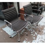 DESK CHAIRS, a set of six, Eames style, black ribbed leather on chrome frames with adjustable bases.