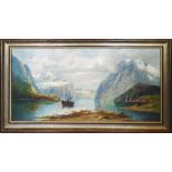 A. ROEHIG, 'Steamboats on a fjord,' oil on canvas 38cm x 77cm, signed lower right, framed.