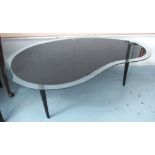 LOW TABLE, kidney shaped glass black top with clear border on rounded ebonised tapering legs,