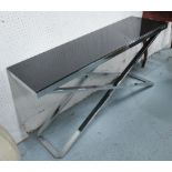 CONSOLE TABLE, smoked glass top on X frame chrome base, 186cm L x 40cm x 70cm H.