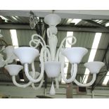 CHANDELIER, milk white glass with six arms, 63cm H.