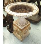 GARDEN URN ON PEDESTAL, cast iron with ivory finish, 97cm H x 87cm W.