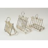 SPORTING TOAST RACKS, three silver plate - golf, cricket and rowing, each 15cm L x 18cm H.