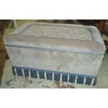 OTTOMAN, blue patterned chenille with hinged top and bullion fringe, 108cm x 66cm x 57cm H.