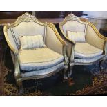 BERGERES, a pair, Louis XV style giltwood in patterned fabric with cushion seats, 76cm W.