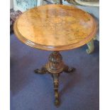 LAMP TABLE, mid Victorian burr walnut with circular inlaid top on carved tripod supports,