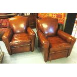 CLUB ARMCHAIRS, a pair, vintage tan brown leather with shaped backs and cushion, 76cm W.